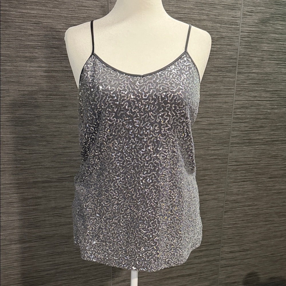 Express Silver Sequin Spaghetti Strap Tank Top
